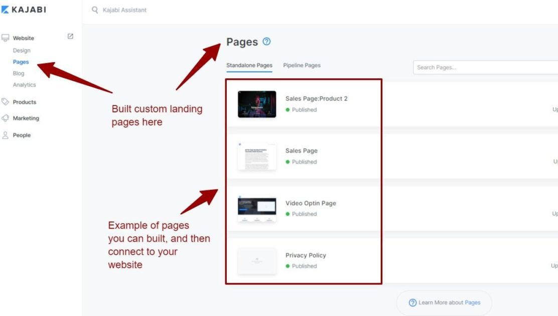 image 2 Need a totally new page from scratch? Kajabi allows you to do that, and that’s where landing pages or standalone pages come in.