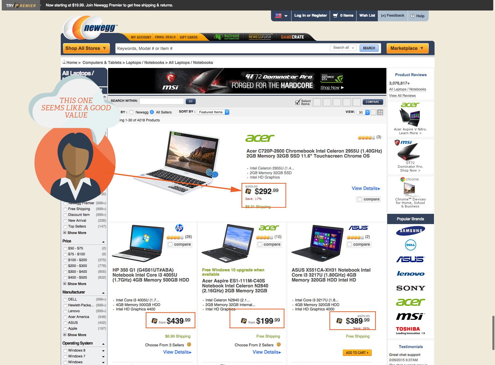Laptops Laptop Notebook Computers Newegg.com New Egg's default sort option is "featured" allowing them to easily use price priming.