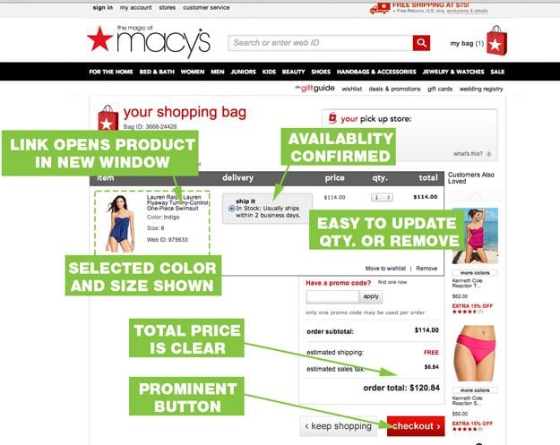 Page du panier Macys sur les meilleures pratiques UX La page de panier de Macy atteint de nombreuses meilleures pratiques.