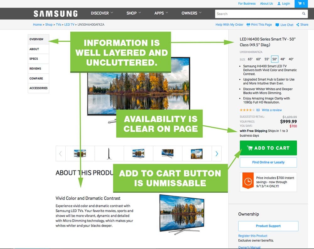 Meilleures pratiques UX Page produit Samsung La page produit de Samsung illustre de nombreuses bonnes pratiques