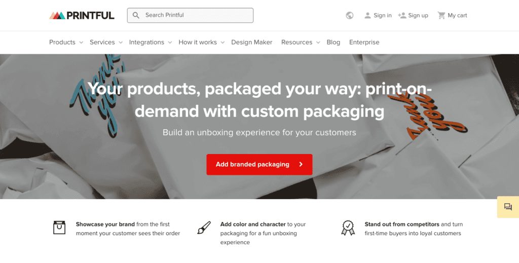 www.printful.com impression à la demande avec emballage personnaliséCapture d'écran 1024x519 1 Emballage personnalisé et image de marque imprimables