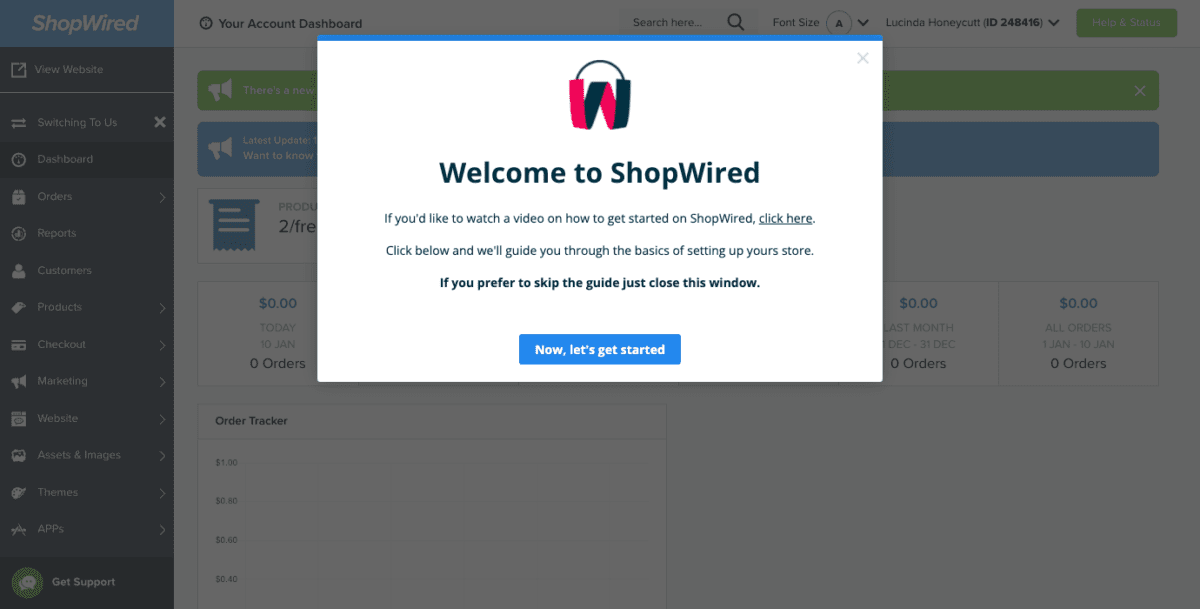 admin.myshopwired.uk gestión empresarial panel de control de comercio electrónicoCaptura de pantalla Incorporación de ShopWired