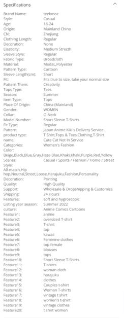 Especificaciones de la camisa Aliexpress Detalles del producto AliExpress