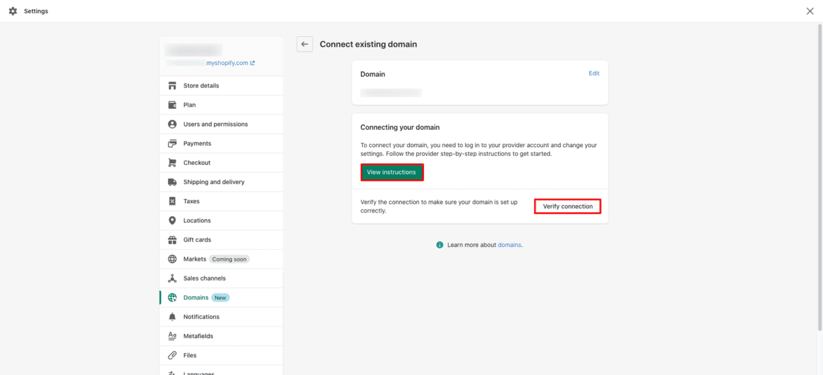 Domains Connect existing domain Shopify Verify Domain Connection to Shopify