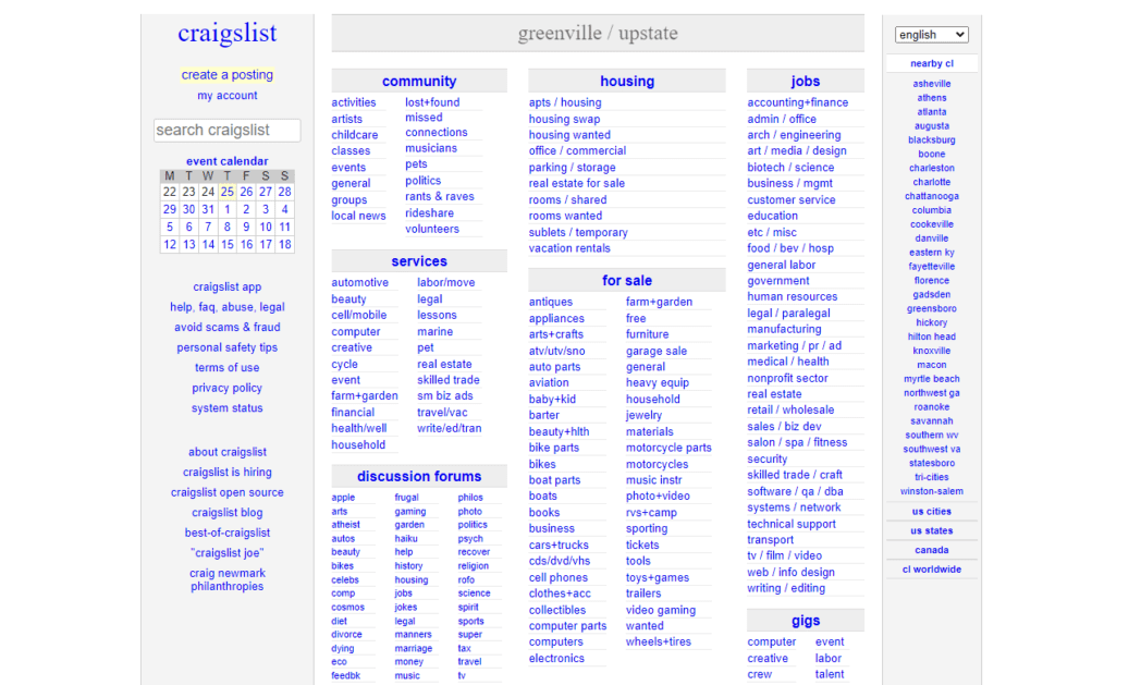 capture d'écran greenville.craigslist.org Craigslist