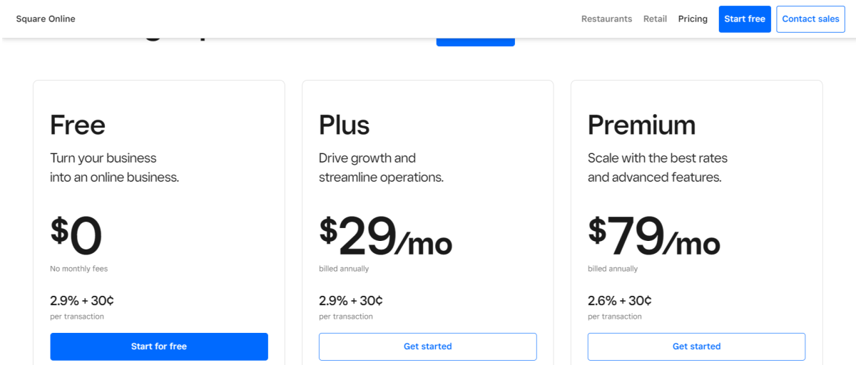 image Square Online Store Pricing Plans