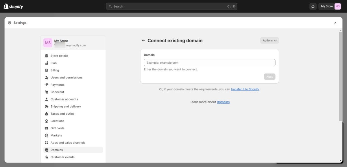 My Store · Domains · Connect existing domain · Shopify Shopify Connect Existing Domain