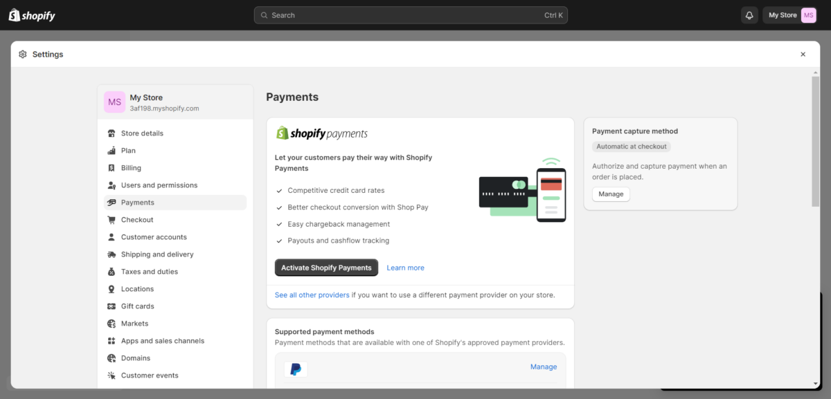 Ma boutique · Paiements · Shopify Configurer les paiements Shopify
