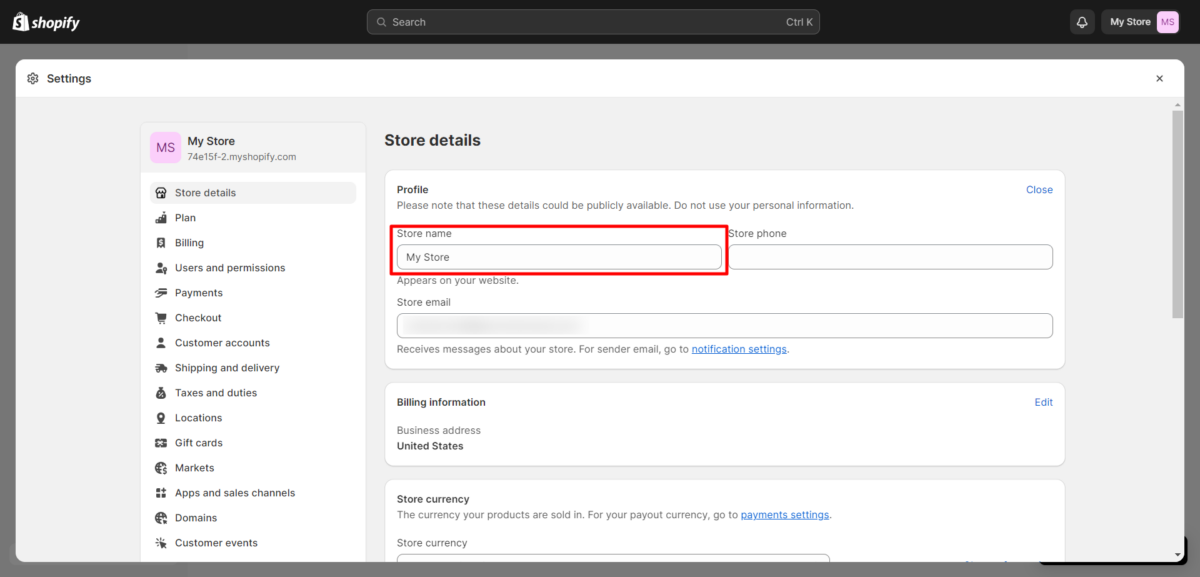 My Store · Store details · Shopify 1 2 Shopify Dashboard Change Store Name