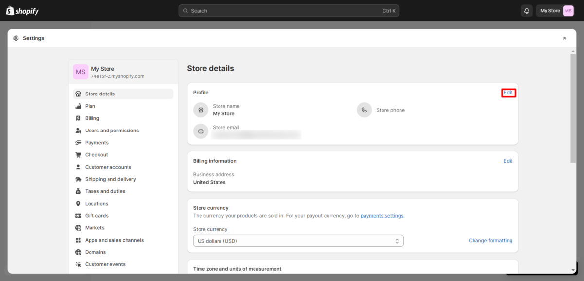 My Store · Store details · Shopify Shopify Dashboard Edit Profile