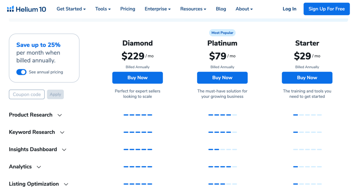 Plans Pricing Free Starter Platinum Diamond Custom Helium 10 Helium 10 Pricing