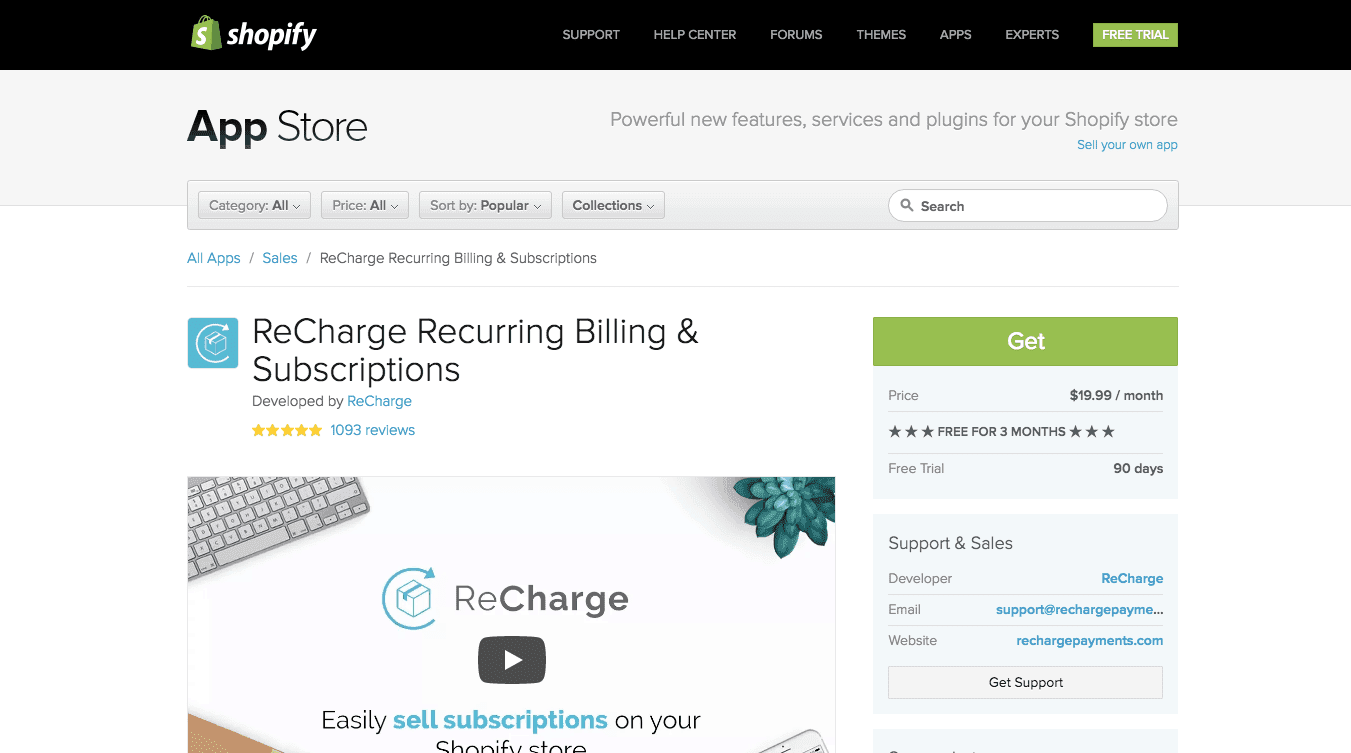 Abonnements à facturation récurrente ReCharge - Plugins de commerce électronique pour les boutiques en ligne - App Store de Shopify Boutique d'applications Shopify Tarification Shopify