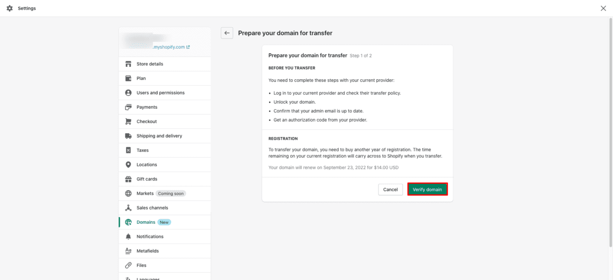 Transferir dominio Shopify Verificar dominio