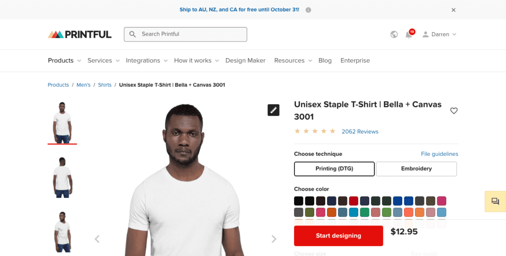 www.printful.com chemises pour hommes personnalisées t-shirt de base unisexe bella canvas 3001Screenshot Tarification et marges bénéficiaires des t-shirts Printful