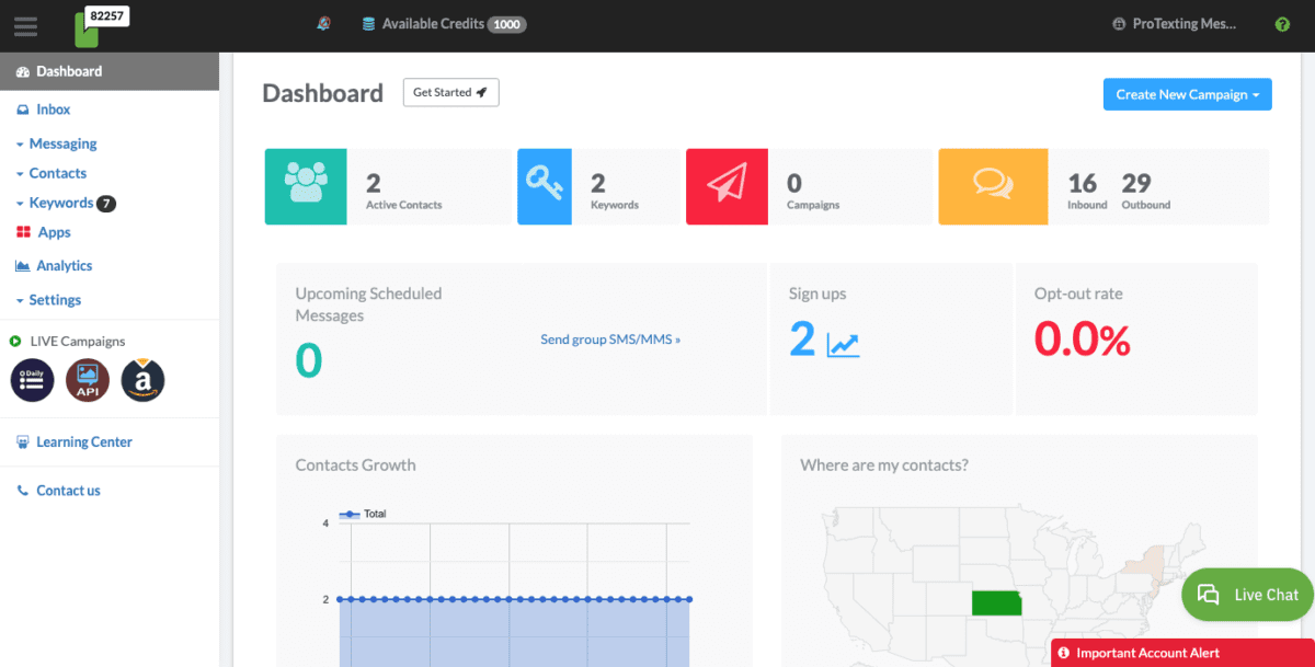 www.protexting.com members welcome.phpScreenshot ProTexting Dashboard