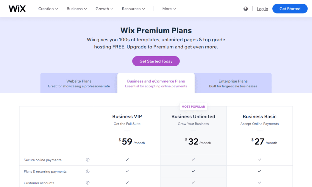 www.wix .com upgrade websiteCapture d'écran Tarifs Wix